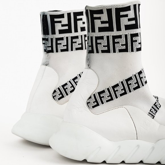 Fendi White FF Motif Tech Fabric High-Top Sneakers, Size 9 - Picture 5 of 8